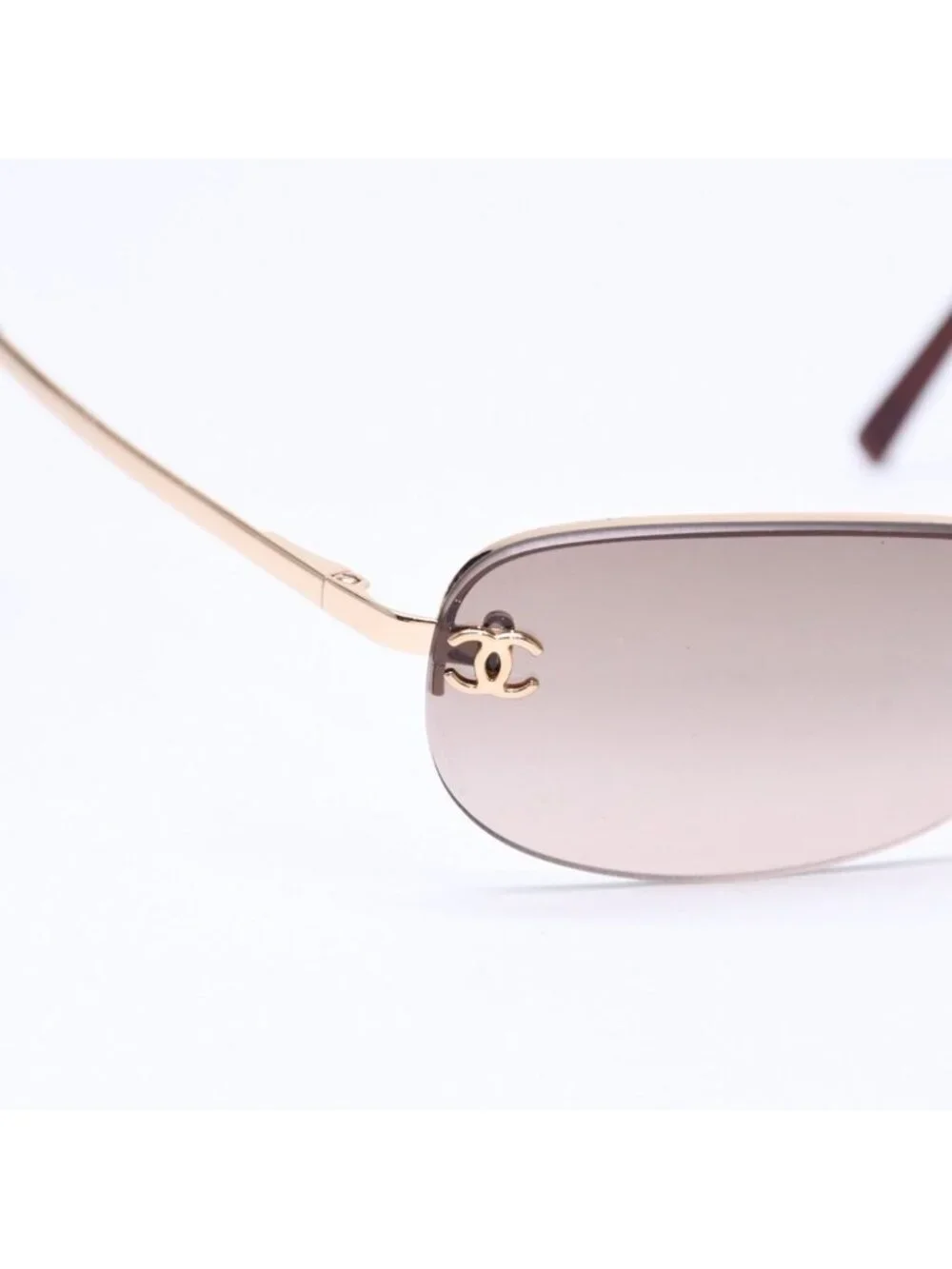Chanel Half Rim Sunglasses Eyewear CC Logo Brown Gold